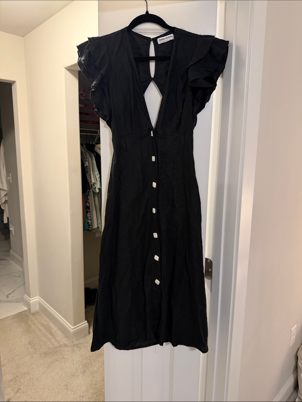 Charlie Holiday Black Ruffle Sleeve Midi Dress